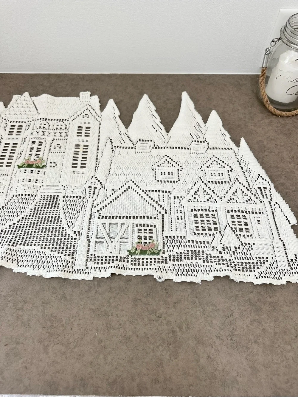 White Crochet Lace Table Runner with Village Cityscape House Motif Flowers 33”